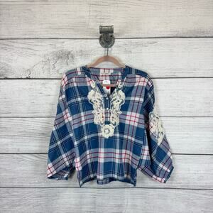 Anouk Grewal Women's Blue Pink Plaid Embroidered 3D Batwing Blouse Size Small